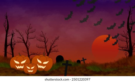 A spooky Halloween scene featuring eerie jack-o-lanterns, bats flying against a sunset sky, graveyard crosses, and dark, leafless trees. Perfect for Halloween decorations, designs, and backgrounds.