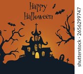 A spooky Halloween scene featuring a haunted house, bats, and eerie trees under a full moon. Perfect for Halloween themed designs, invitations, or decorations. Flat vector modern illustration