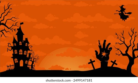 Spooky Halloween scene featuring haunted house, flying witch, zombie hand, orange sky, and eerie trees. Perfect for Halloweenthemed designs and projects.