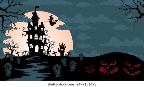 Spooky Halloween scene featuring a haunted house, flying witch, zombie hands, dark sky. space area Perfect for Halloween themed designs and projects.