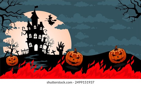 Spooky Halloween scene featuring a haunted house, flying witch, zombie hands, dark sky. space area Perfect for Halloween themed designs and projects.