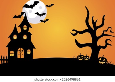 Spooky Halloween scene featuring a haunted house, a bare twisted tree, glowing jack-o’-lanterns, and bats flying across a full moon against an orange sky. Perfect for seasonal or festive designs.