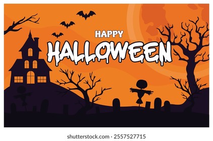 A spooky Halloween scene featuring a haunted house, bats, and eerie trees under a full moon. Perfect for Halloween themed designs, invitations, or decorations. Flat vector modern illustration  