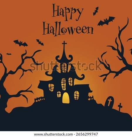 A spooky Halloween scene featuring a haunted house, bats, and eerie trees under a full moon. Perfect for Halloween themed designs, invitations, or decorations. Flat vector modern illustration