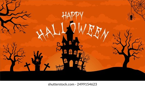 Spooky Halloween scene featuring horror house, haunted tree branches. space area Perfect for Halloween themed designs and projects.