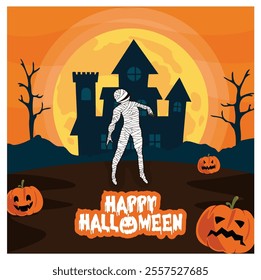 A spooky Halloween scene featuring a mummy, scary pumpkins, and a haunted house. Perfect for Halloween decorations, invitations, or seasonal promotions. Flat vector modern illustration 