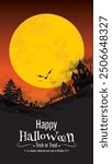 Spooky Halloween scene featuring a pumpkin-headed figure under a full moon, with bats, ghosts, and eerie purple background, perfect for Halloween decorations and designs.