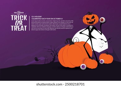 Spooky Halloween scene featuring a pumpkin-headed figure under a full moon, with bats, ghosts, and eerie purple background, perfect for Halloween decorations and designs.