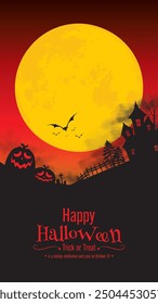 Gespenstische Halloween-Szene mit einer Kürbiskopffigur unter Vollmond, mit Fledermäusen, Geistern und unheimlichem violettem Hintergrund, perfekt für Halloween-Dekorationen und -Designs.