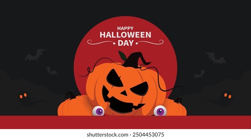 Gespenstische Halloween-Szene mit einer Kürbiskopffigur unter Vollmond, mit Fledermäusen, Geistern und unheimlichem violettem Hintergrund, perfekt für Halloween-Dekorationen und -Designs.