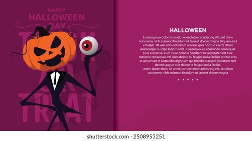 Gespenstische Halloween-Szene mit einer Kürbiskopffigur unter Vollmond, mit Fledermäusen, Geistern und unheimlichem violettem Hintergrund, perfekt für Halloween-Dekorationen und -Designs.