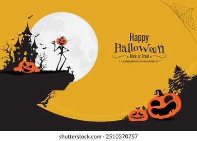 Gespenstische Halloween-Szene mit einer Kürbiskopffigur unter Vollmond, mit Fledermäusen, Geistern und unheimlichem violettem Hintergrund, perfekt für Halloween-Dekorationen und -Designs.