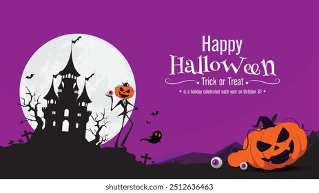 Cena de Halloween assustador com uma figura cabeça de abóbora sob uma lua cheia, com morcegos, fantasmas e fundo roxo misterioso, perfeito para decorações e desenhos de Halloween.