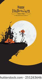 Gespenstische Halloween-Szene mit einer Kürbiskopffigur unter Vollmond, mit Fledermäusen, Geistern und unheimlichem violettem Hintergrund, perfekt für Halloween-Dekorationen und -Designs.