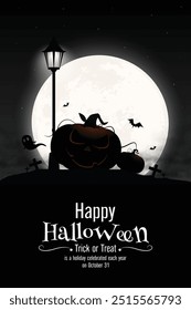 Spooky Halloween scene featuring a pumpkin-headed figure under a full moon, with bats, ghosts, and eerie purple background, perfect for Halloween decorations and designs.