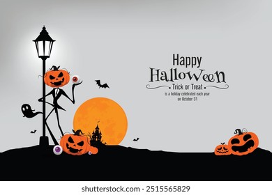 Cena de Halloween assustador com uma figura cabeça de abóbora sob uma lua cheia, com morcegos, fantasmas e fundo roxo misterioso, perfeito para decorações e desenhos de Halloween.