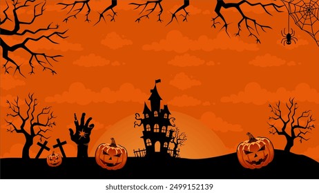 Gespenstische Halloween-Szene mit Kürbissen, spukendes Haus, fliegende Hexe, Zombie-Hände, orangefarbener Himmel. Weltraumbereich Perfekt für Halloween-Themen-Designs und -Projekte.
