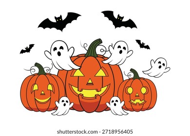 A spooky Halloween scene featuring three carved pumpkins surrounded by ghosts and bats, isolated on white background with vibrant orange and yellow colors