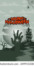 Spooky Halloween scene featuring zombie hands, a haunted house, a haunted tree, a dark sky with a bright orange moon. space area Perfect for Halloween themed designs and projects.