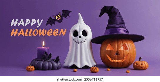 Spooky Halloween Scene with Festive Pumpkins and Eerie Decorations 