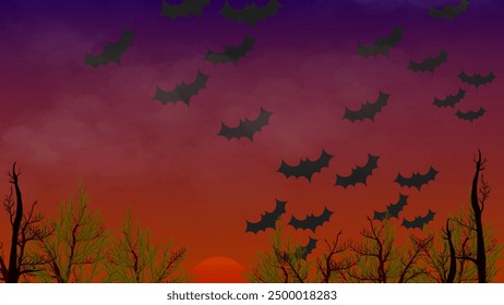 Gespenstische Halloween-Szene mit fliegenden Fledermäusen auf lebendigem, unheimlichem Sonnenuntergangshintergrund, ergänzt durch Silhouetten von Bäumen, perfekt für Halloween-Projekte und Dekorationen.