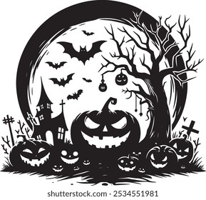 a spooky Halloween scene with a full moon, a haunted house, a barren tree, and several pumpkins.