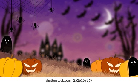 Cena de Halloween assustador com brilhantes jack-o’-lanternas, figuras fantasmas, morcegos voando, aranhas com teias, e uma casa assombrada no fundo, tudo sob um céu roxo e misterioso.