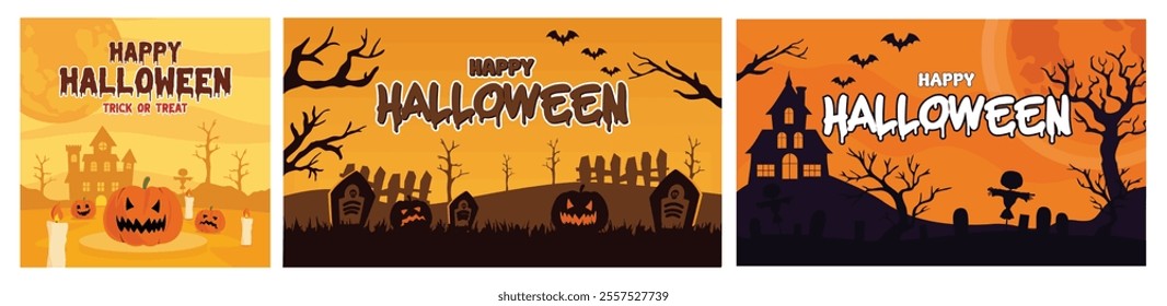 Spooky Halloween Scene. Halloween graveyard fence  Scene. October event with Haunted House and Bats Flying at Dusk. Set flat vector modern illustration 