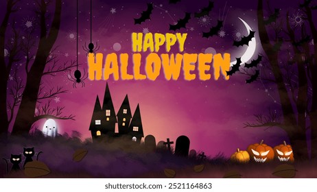 Spooky Halloween scene with haunted house, bats, spiders, pumpkins, and a ghost in a misty forest under a crescent moon. Perfect for festive Halloween designs, banners, and party invitations.