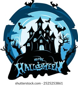 Spooky Halloween scene with a haunted house, bats, and barren trees under a glowing moon. Vibrant blue and black colors create a dark, eerie atmosphere. Perfect for Halloween-themed designs.