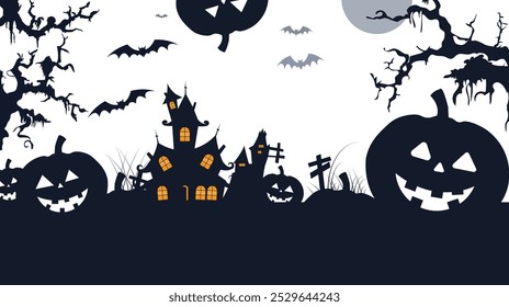 Spooky Halloween Scene - Haunted House, Jack-O'-Lanterns, and Bats