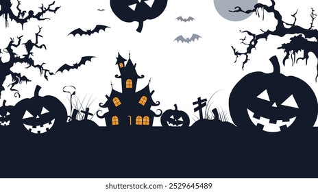 Spooky Halloween Scene - Haunted House, Jack-O'-Lanterns, and Bats