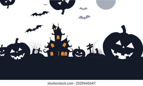 Spooky Halloween Scene - Haunted House, Jack-O'-Lanterns, and Bats