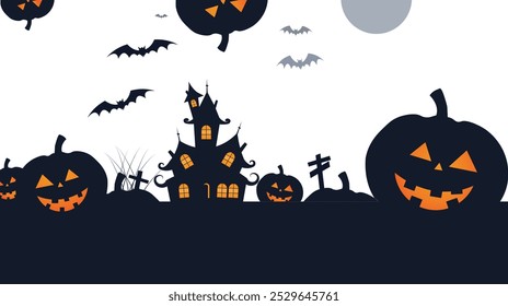 Spooky Halloween Scene - Haunted House, Jack-O'-Lanterns, and Bats