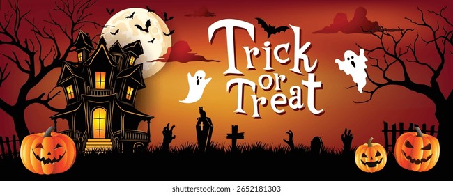 Spooky Halloween scene with haunted house, pumpkins, ghosts, bats, and full moon, perfect for Trick or Treat theme.