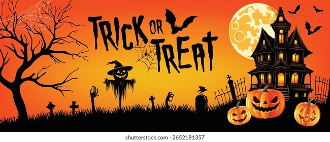 A cena assustadora de Halloween com casa assombrada, jack-o'-lanternas, morcegos, espantalho e texto "Trick or Treat" no fundo laranja.