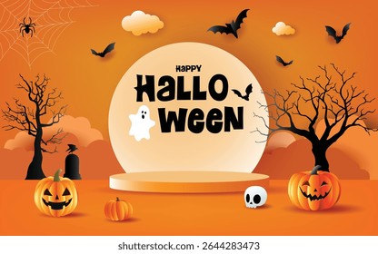 Spooky Halloween scene with jack-o'-lanterns, ghost, bats, skull, and podium on orange background. Perfect for festive banners and party invitations.