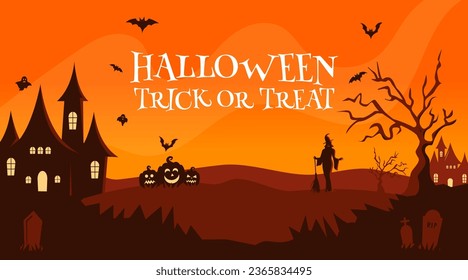 spooky halloween scene, Nightmare at the Haunted Castle, Witch, Pumpkins, and Tombstones