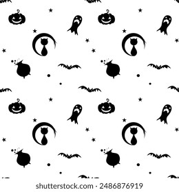 spooky Halloween scene with pumpkin, ghost, bat, boiling pot, and black cat. Perfect for seasonal designs and decorations. Background seamless pattern for  Halloween Day.