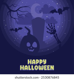 Spooky Halloween scene with pumpkin and skeleton hand, Vector