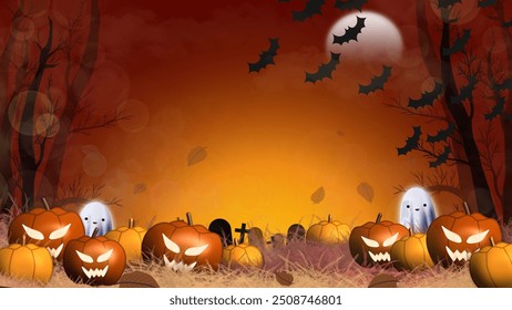 A spooky Halloween scene with pumpkins, bats, full moon, and ghosts in a haunted forest. Perfect for Halloween-themed designs, party invitations, and seasonal decor.