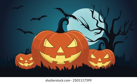 A spooky Halloween scene set against a dark blue backdrop. Dominating the foreground are three carved pumpkins, each with a distinct facial expression.