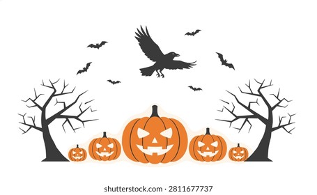Spooky halloween scene with smiling jackolanterns, bare haunted trees, and flying bats under a dark night sky.