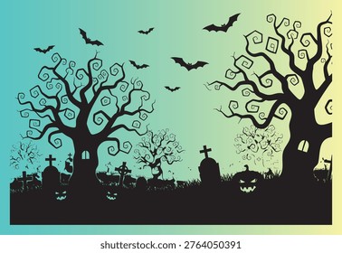 Spooky halloween scene with twisted trees and flying bats in graveyard