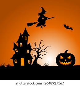 Assustadora cena de Halloween com uma bruxa voando em uma vassoura, casa assombrada, árvore assustador, jack-o'-lanterna, e morcego. Perfeito para convites para festas e decorações festivas