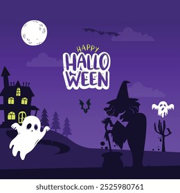 Spooky Halloween Scene With Witch and Ghosts