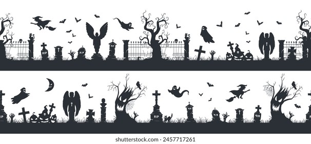 Spooky halloween seamless borders. Halloween creepy cemetery decorations, spooky grave stones with crosses, scary trees and ghosts flat vector illustration set. Sinister landscape silhouettes