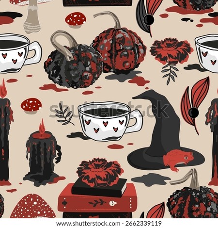 Spooky Halloween seamless pattern with black and red candles, warty pumpkins, witch hat and gloves, witchcraft books and amanita mushrooms. Scary Halloween background clip art.