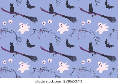 Spooky Halloween seamless pattern with cat on the broom, ghost, bat, tree branch on blue background. Hand drawn vector illustration design for prints, wallpapers, cards, banners