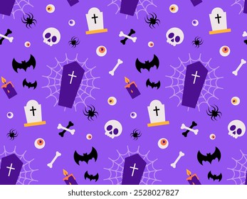 Spooky Halloween Nahtloses Muster mit Sarg, Grabstein, Fledermaus, Schädel, Knochen, Spinnennetz und Augen auf violettem Hintergrund. Vektorgrafik mit wiederholtem Druck. im minimalistischen Flachstil